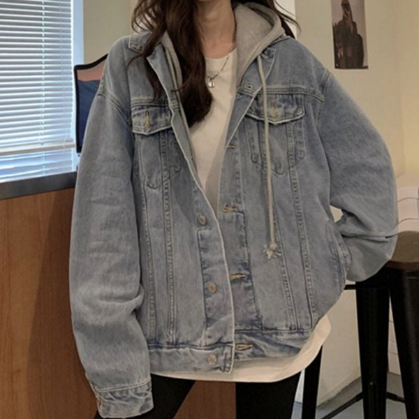 오버핏 여성 데님 자켓 캐주얼 여성 루즈핏 자켓 데일리 후드 - 상품 이미지