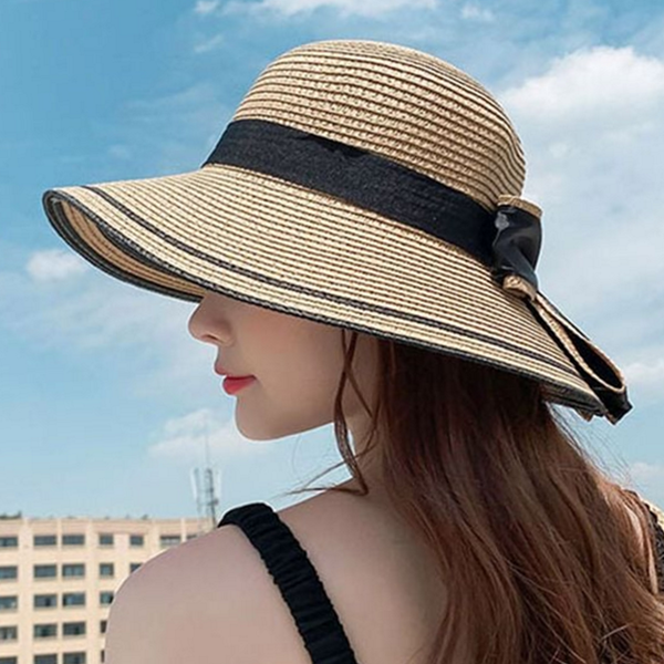 넓은 여성 밀짚 모자 휴양지 여성 여름 모자 라피아 리본 - 상품 이미지