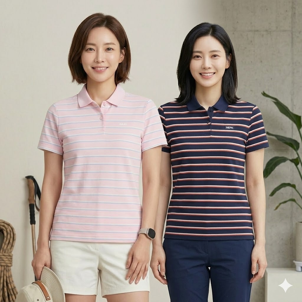네파 여름 여자 아웃도어 린넨라이크 스트라이프 등산 카라 반팔티셔츠 - 상세 이미지 4