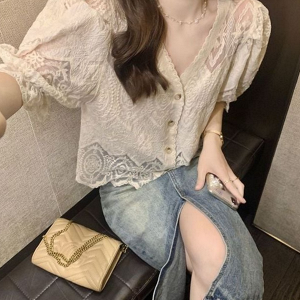 레이스 여성 여름 가디건 브이넥 여성 반팔 가디건 시스루 - 상품 이미지