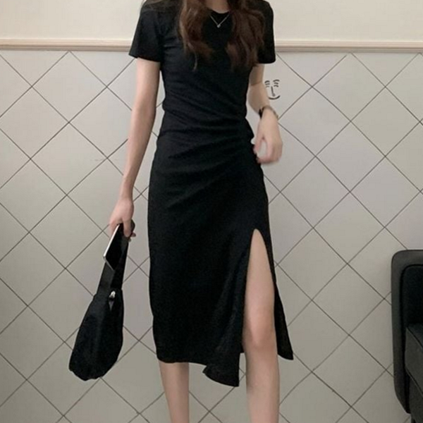 슬림핏 여성 반팔 원피스 라운드 여성 미디 원피스 데일리 - 상품 이미지