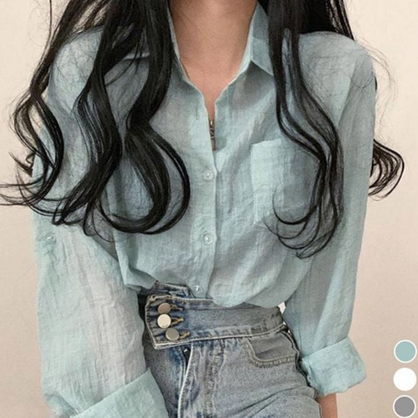 베이직 여성 여름 셔츠 루즈핏 긴 팔 셔츠 데일리 블라우스 - 상품 이미지