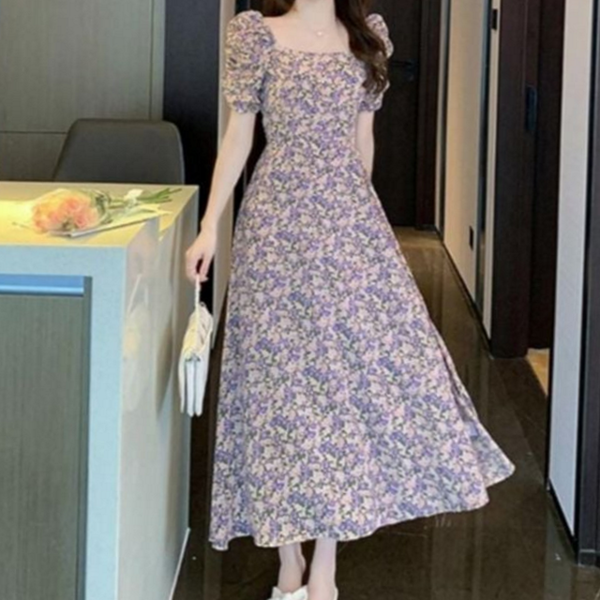 플라워 여성 원피스 쉬폰 롱 원피스 오프숄더 데일리 여름 - 상품 이미지
