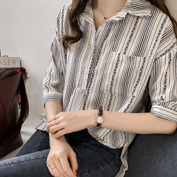 루즈핏 여성 블라우스 카라 블라우스 데일리 7부 - 상품 이미지