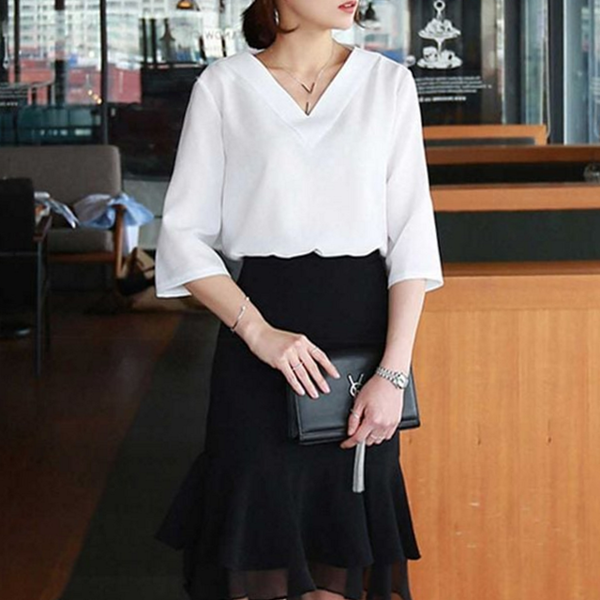 데일리 여성 브이넥 블라우스 하객룩 여성 7부 블라우스 면접 오피스 - 상품 이미지