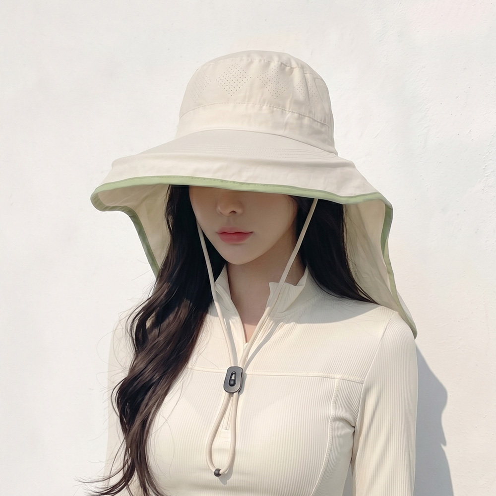 자외선 햇빛 차단 넥커버 썬캡 여름 물놀이 방수 모자 라인 배색 플랩캡 아이보리, Free - 상세 이미지 3