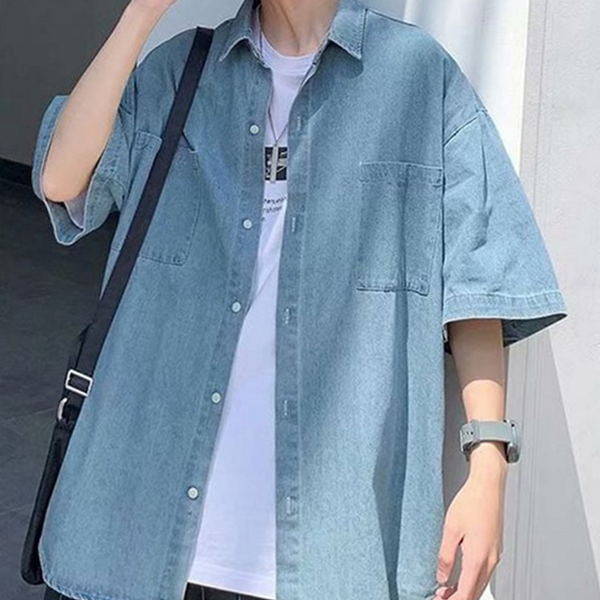 오버핏 남성 데님 셔츠 캐주얼 반팔 셔츠 스트릿 남방 여름 - 상품 이미지