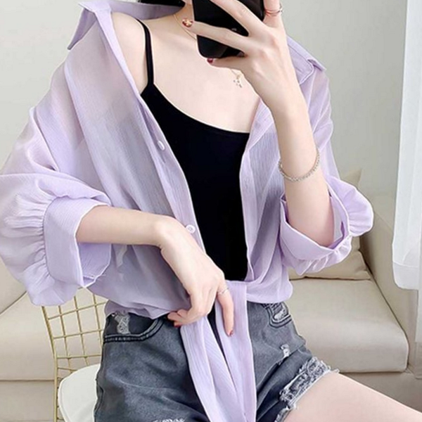 루즈핏 여성 시폰 셔츠 오버핏 여성 블라우스 셔츠 시스루 여름 - 상품 이미지