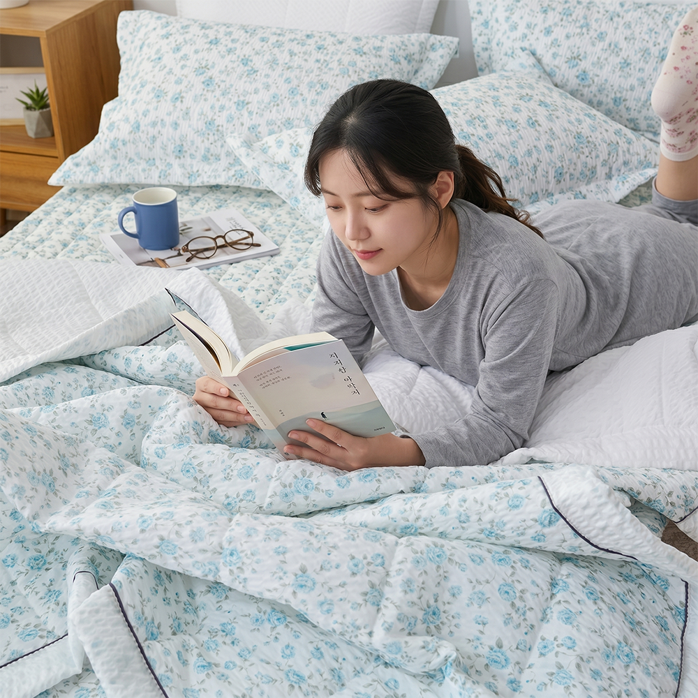 아이스 브리즈 잔꽃 시어서커 냉감여름이불 블루, SS(슈퍼싱글) - 상품 이미지