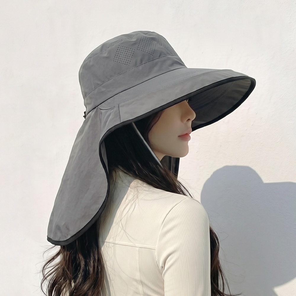 자외선 햇빛 차단 넥커버 썬캡 여름 물놀이 방수 모자 라인 배색 플랩캡 그레이, Free - 상세 이미지 4