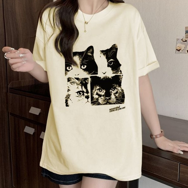 일러스트 여성 고양이 티셔츠 데일리 여성 프린팅 티셔츠 그래픽 반팔 - 상품 이미지