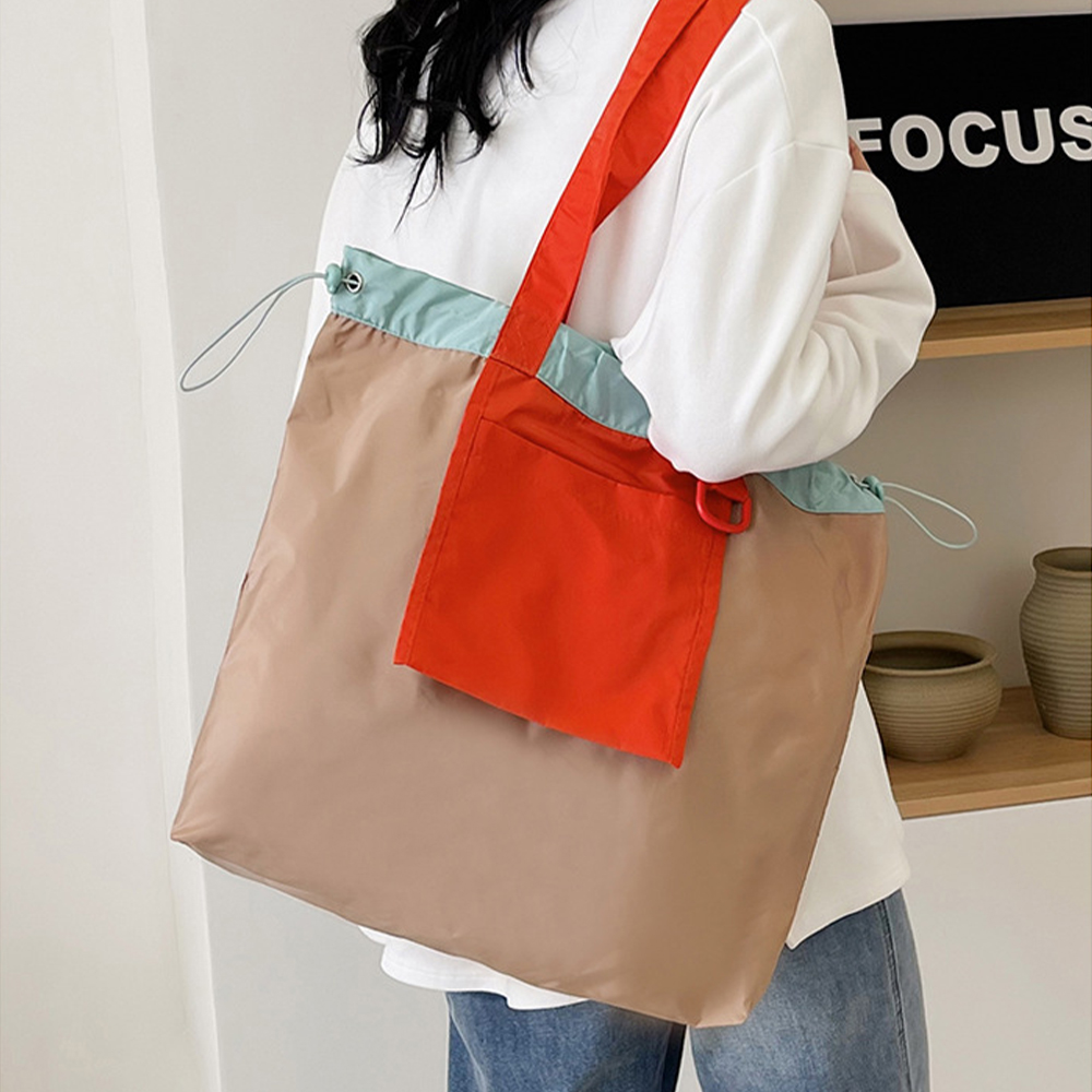 오릴리 컬러 블럭 포켓 스트링 대용량 장바구니 모던 휴대용 - 상세 이미지 3