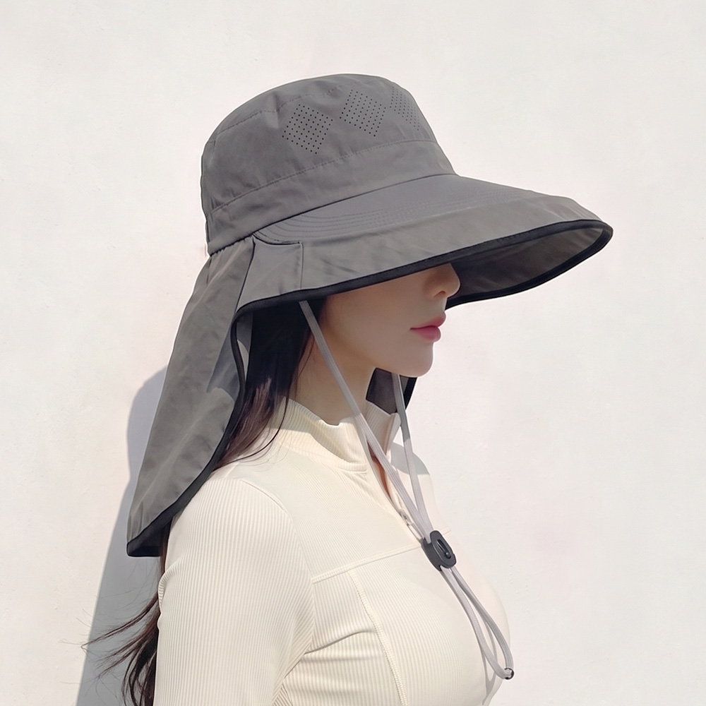 자외선 햇빛 차단 넥커버 썬캡 여름 물놀이 방수 모자 라인 배색 플랩캡 그레이, Free - 상세 이미지 2