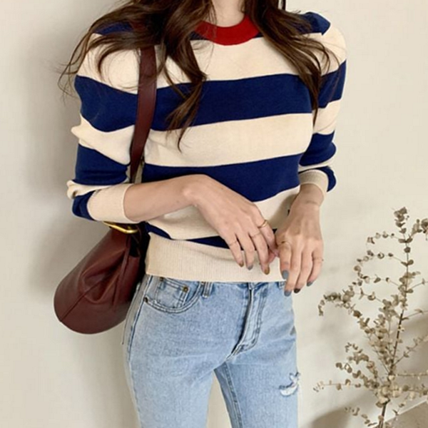 데일리 여성 스트라이프 티셔츠 라운드 여성 배색 티셔츠 슬림핏 - 상품 이미지