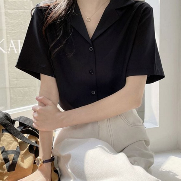 오픈카라 반팔 블라우스 데일리 여성 반팔 블라우스 루즈핏 여름 셔츠 - 상품 이미지
