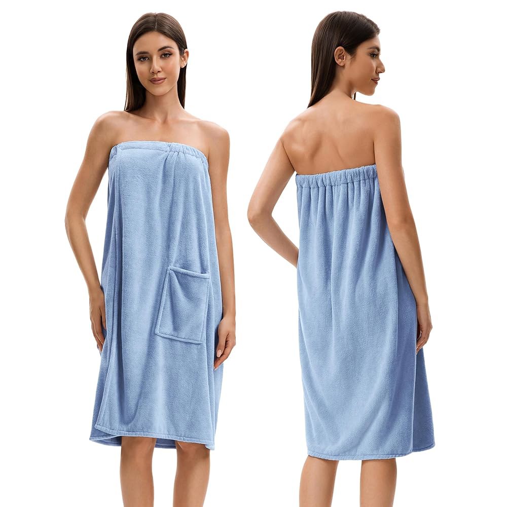 샤워 후 여성용 수건 랩 플러시 목욕 가운 사우나 스파 포켓이 있는 Light Blue Small-Medium - 상품 이미지