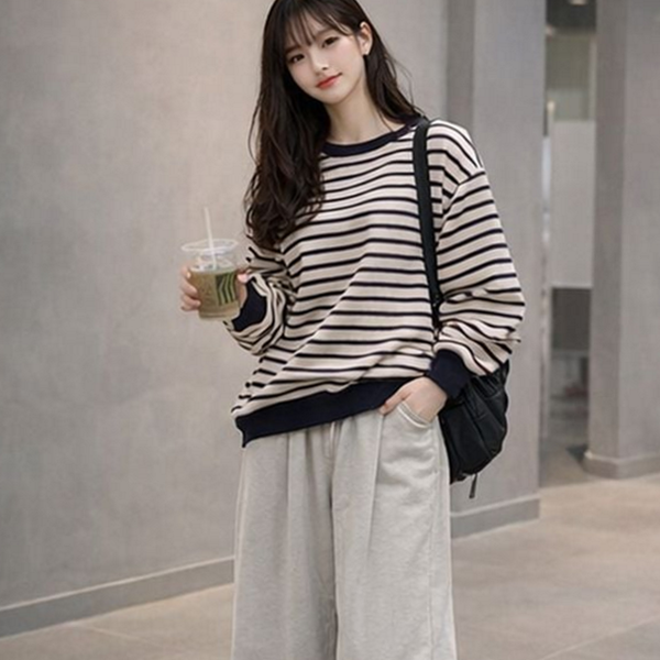 넥스트라이프 여성 스트라이프 티셔츠 라운드 여성 루즈핏 티셔츠 데일리 - 상품 이미지