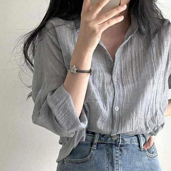 루즈핏 여성 여름 셔츠 블라우스 여성 긴 팔 셔츠 베이직 - 상품 이미지