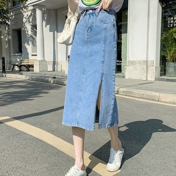 앞트임 여성 데님 스커트 하이 데님 스커트 청치마 데일리 미디 - 상품 이미지