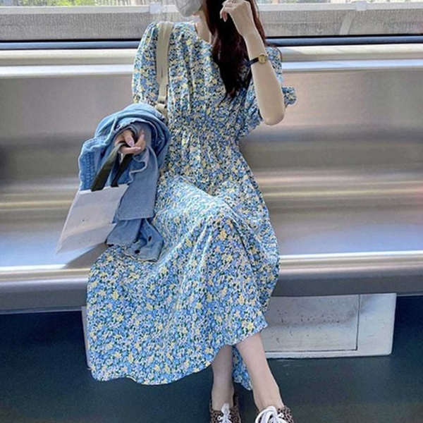 데일리 롱 원피스 플레어 여성 플라워 원피스 휴가 여름 - 상품 이미지