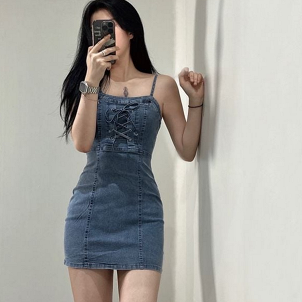 뷔스티에 여성 데님 원피스 코르셋 여성 끈 원피스 민소매 스판 - 상품 이미지
