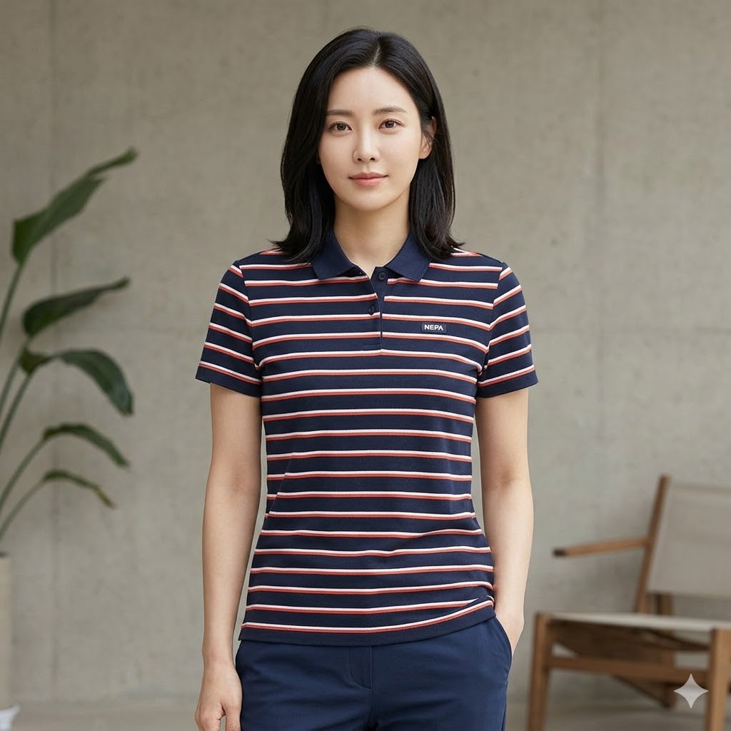네파 여성 여름 아웃도어 린넨라이크 스트라이프 등산 카라 반팔티셔츠 - 상품 이미지