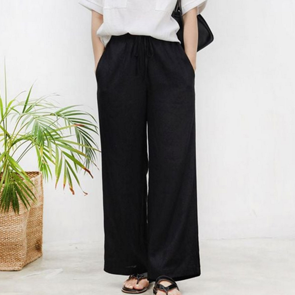 데일리 여성 린넨 와이드 팬츠 캐주얼 여성 밴딩 와이드 팬츠 - 상품 이미지