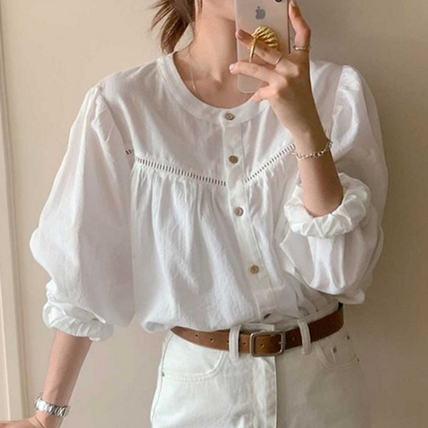 데일리 여성 블라우스 펀칭 퍼프 소매 블라우스 노카라 오피스 - 상품 이미지