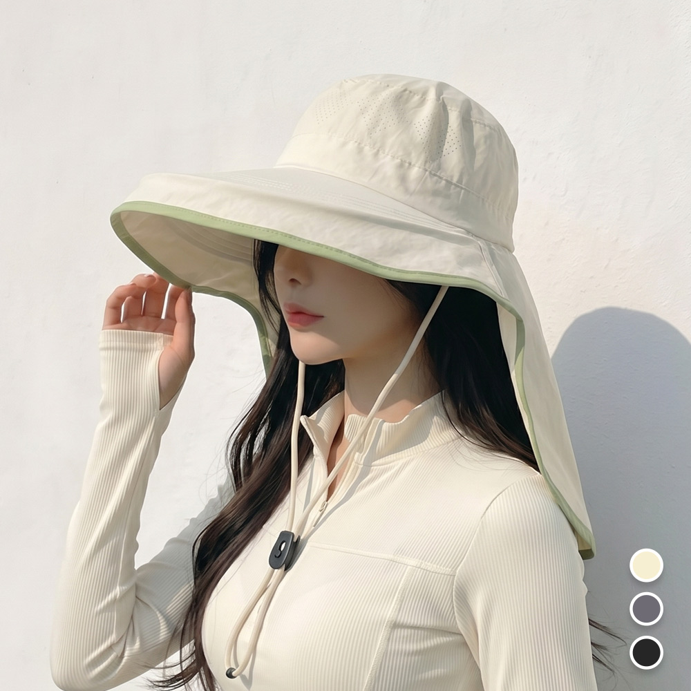 자외선 햇빛 차단 넥커버 썬캡 여름 물놀이 방수 모자 라인 배색 플랩캡 아이보리, Free - 상품 이미지