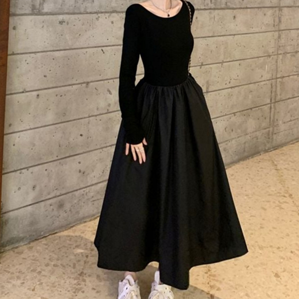 데일리 여성 원피스 플리츠 여성 롱 원피스 스퀘어넥 드레스 - 상품 이미지