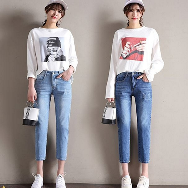 하이 여성 데님 팬츠 찢청 청바지 진청바지 9부 워싱 - 상품 이미지