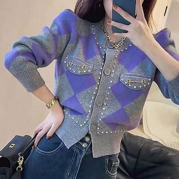 데일리 여성 가디건 아가일 여성 니트 가디건 라운드 패턴 - 상품 이미지