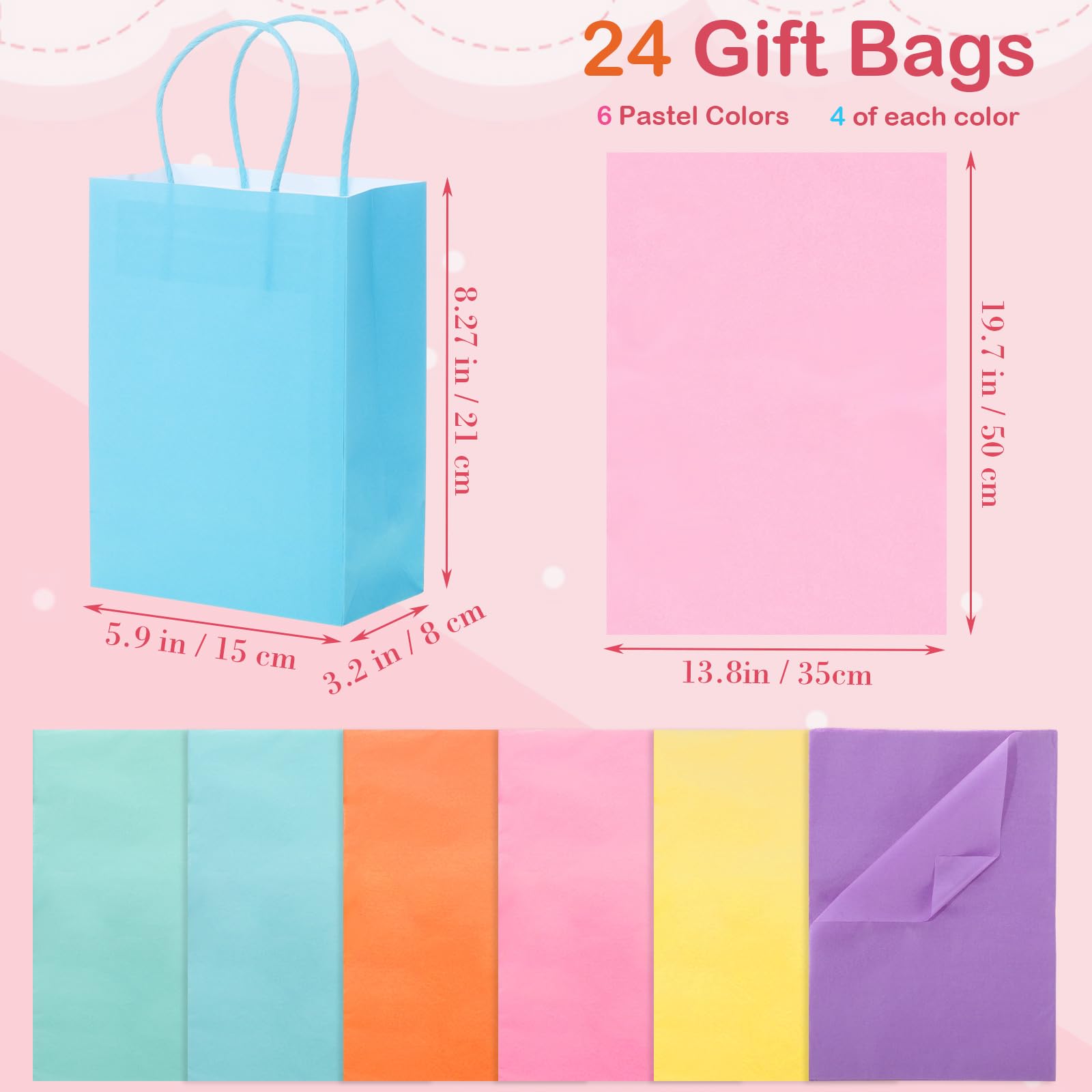 콜덴 파스텔 크라프트 손잡이 선물가방 24개 15x7.9x21.1cm 6색 티슈지 - 상세 이미지 2