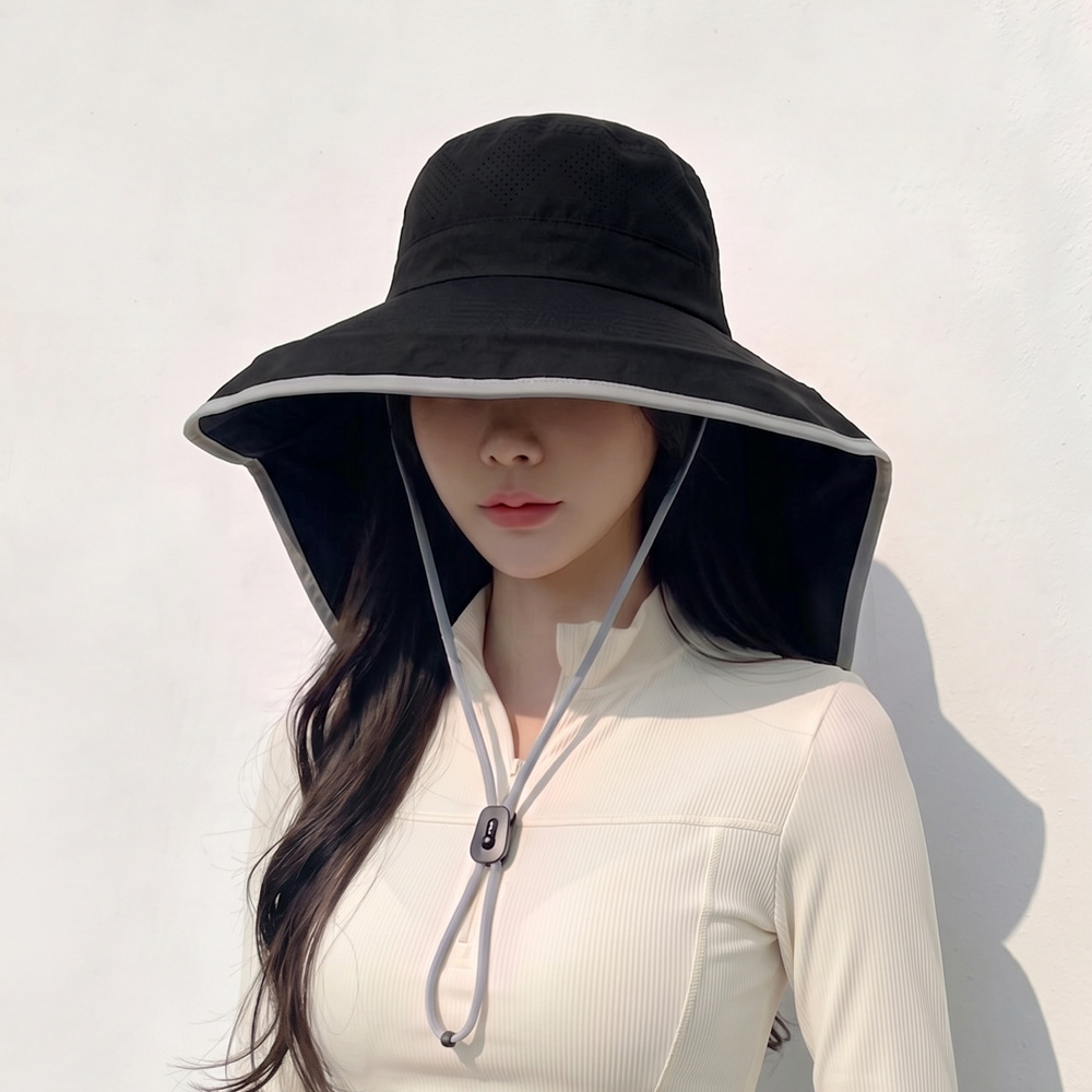 자외선 햇빛 차단 넥커버 썬캡 여름 물놀이 방수 모자 라인 배색 플랩캡 블랙, Free - 상세 이미지 3