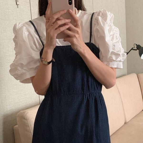 민소매 여성 데님 원피스 서스펜더 여성 뷔스티에 원피스 캐주얼 데일리 - 상품 이미지