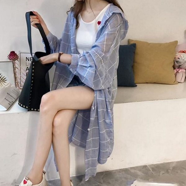 루즈핏 여성 후드 셔츠 오버핏 여성 롱 셔츠 블라우스 체크 - 상품 이미지