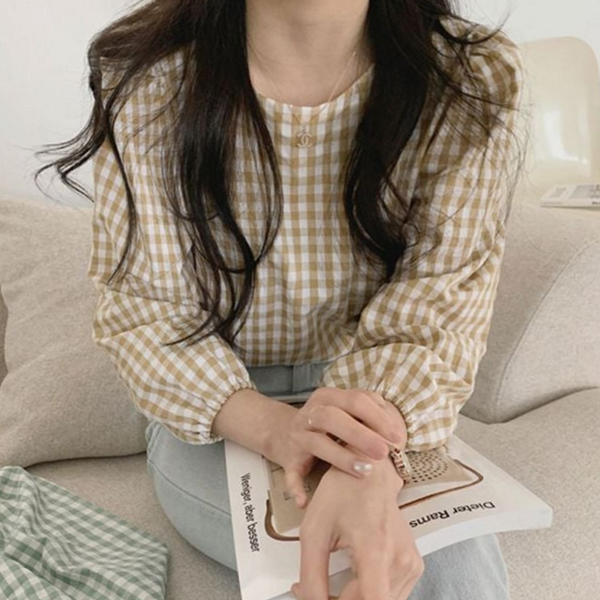 밴딩 여성 체크 블라우스 라운드 벌룬 블라우스 소매 셔츠 - 상품 이미지