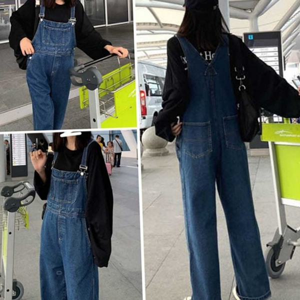캐주얼 여성 데님 멜빵 와이드 여성 멜빵 바지 오버롤 팬츠 - 상품 이미지