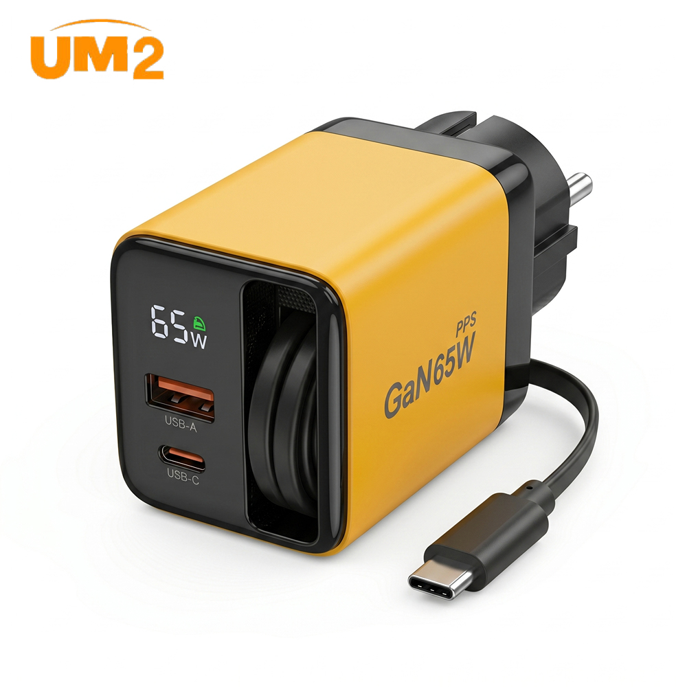 UM2 접지 릴타입 C타입 릴케이블 2포트 PD 멀티 고속충전기 REEL-PD65W-LED, 옐로우 - 상세 이미지 3