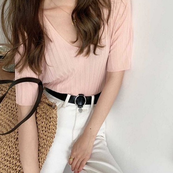 데일리 브이넥 티셔츠 라운지 여성 여름 티셔츠 반팔 골지 상의 - 상품 이미지