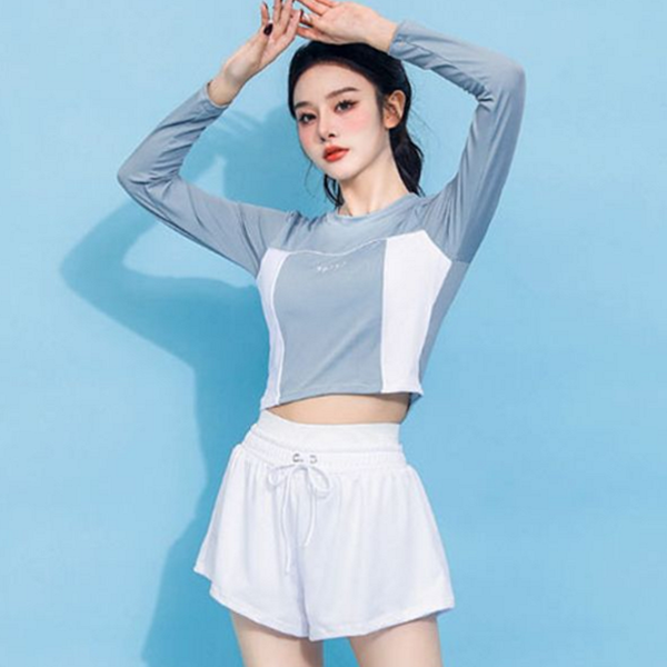 스포티 여성 래쉬가드 배색 여성 크롭 래쉬가드 물놀이 수영복 - 상품 이미지