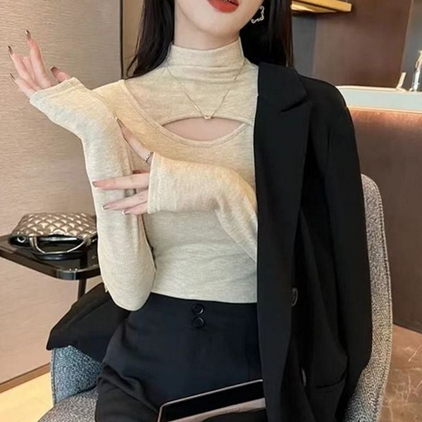 데일리 여성 반하이넥 티셔츠 레이어드 여성 컷아웃 티셔츠 긴소매 가을 - 상품 이미지