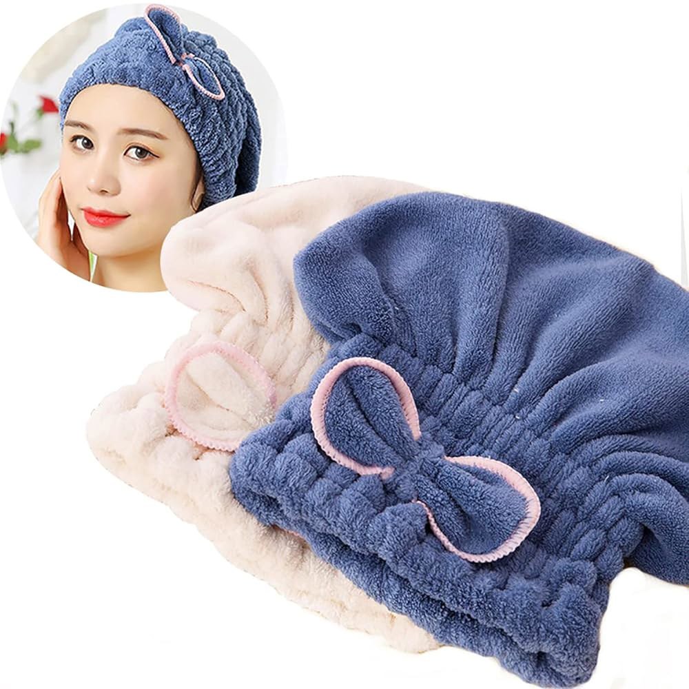 Jseng 2PC 극세사 헤어 드라이 캡, 엑스트라메 소프트 및 초흡수성, 빠른 터번 랩 타월 샤워 캡 여아용 1 Blue+beige - 상품 이미지