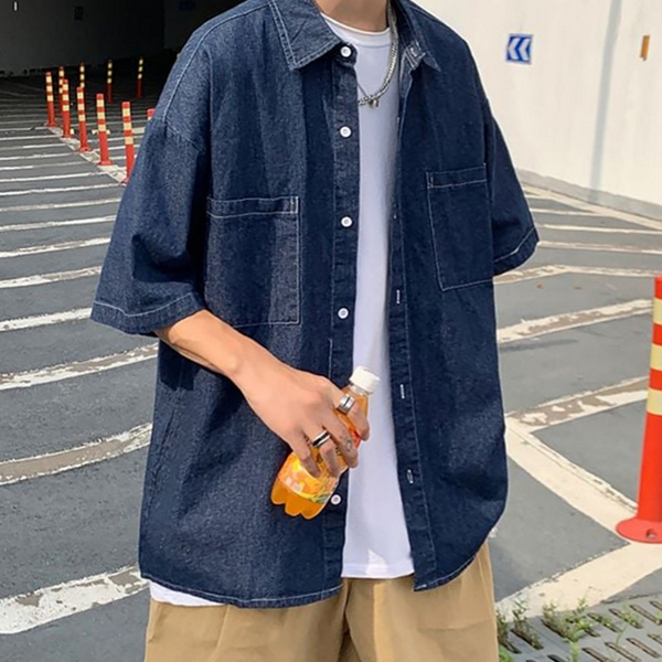 루즈핏 남성 데님 셔츠 캐주얼 남성 반팔 셔츠 데일리 상의 - 상품 이미지