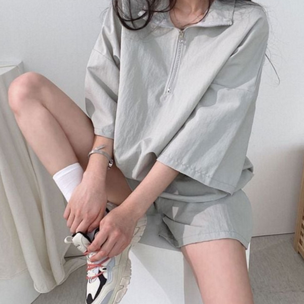 오버핏 여성 반팔 상하 반집업 여성 아노락 트레이닝복 여름 - 상품 이미지