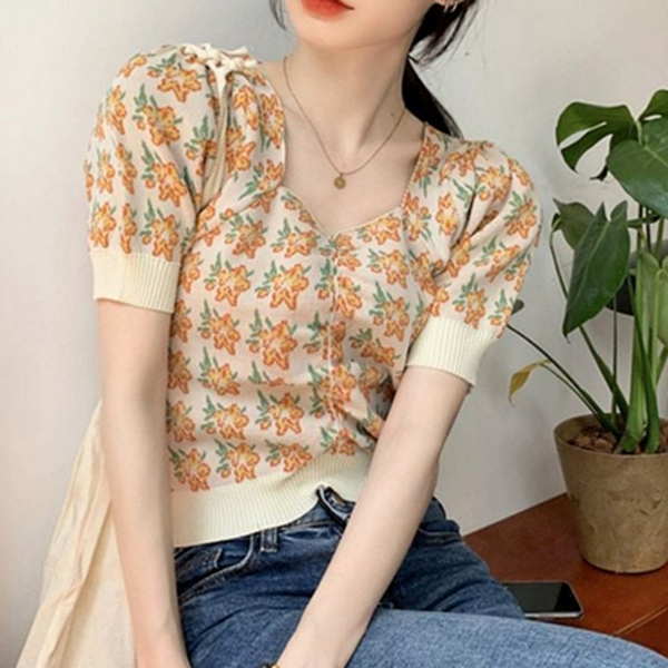 브이넥 여성 크롭 가디건 꽃무늬 크롭 가디건 여름 반팔 - 상품 이미지