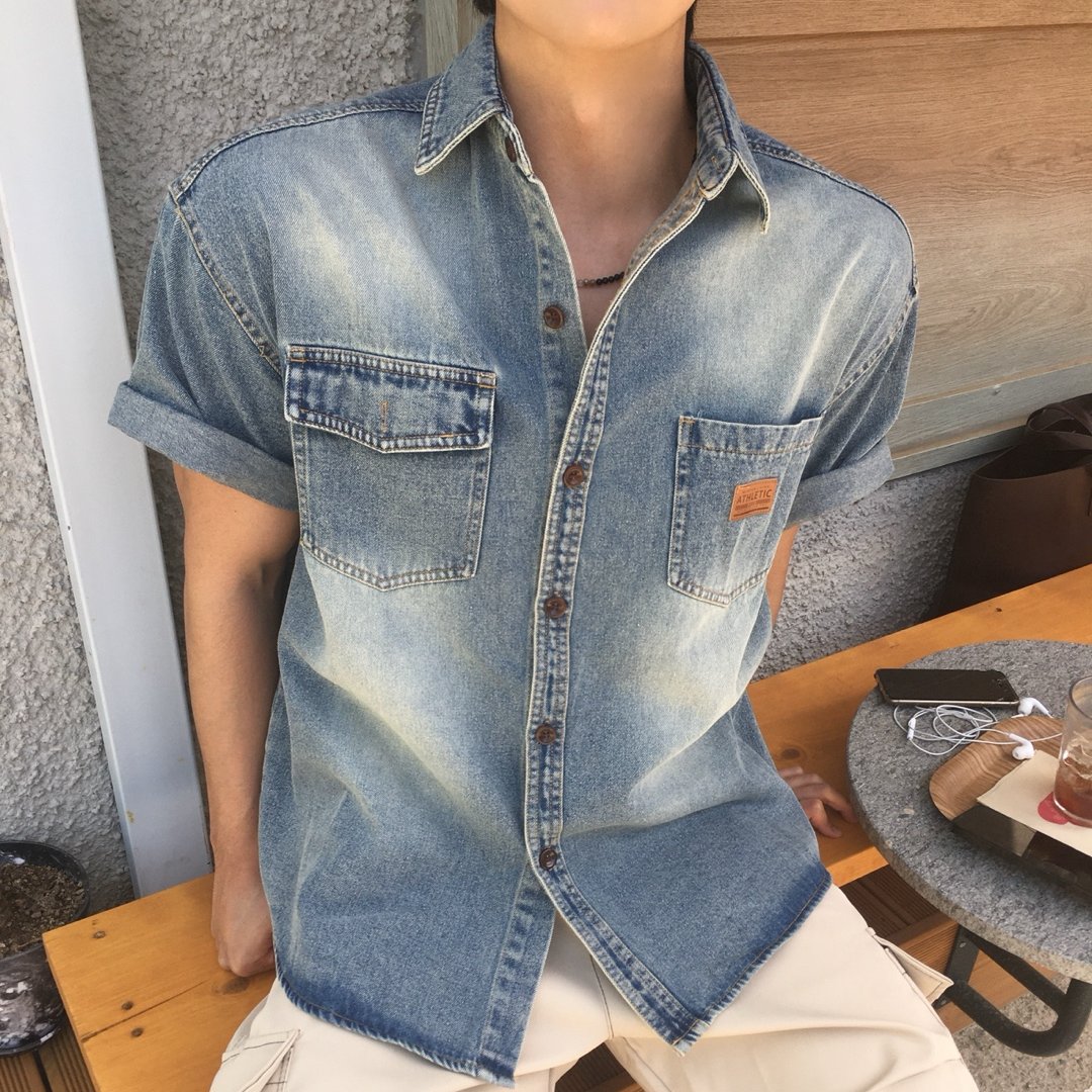 워크웨어 데님 반팔 청셔츠 - 상품 이미지