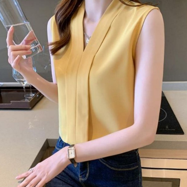 브이넥 여성 민소매 블라우스 카라 여성 슬리브리스 블라우스 - 상품 이미지