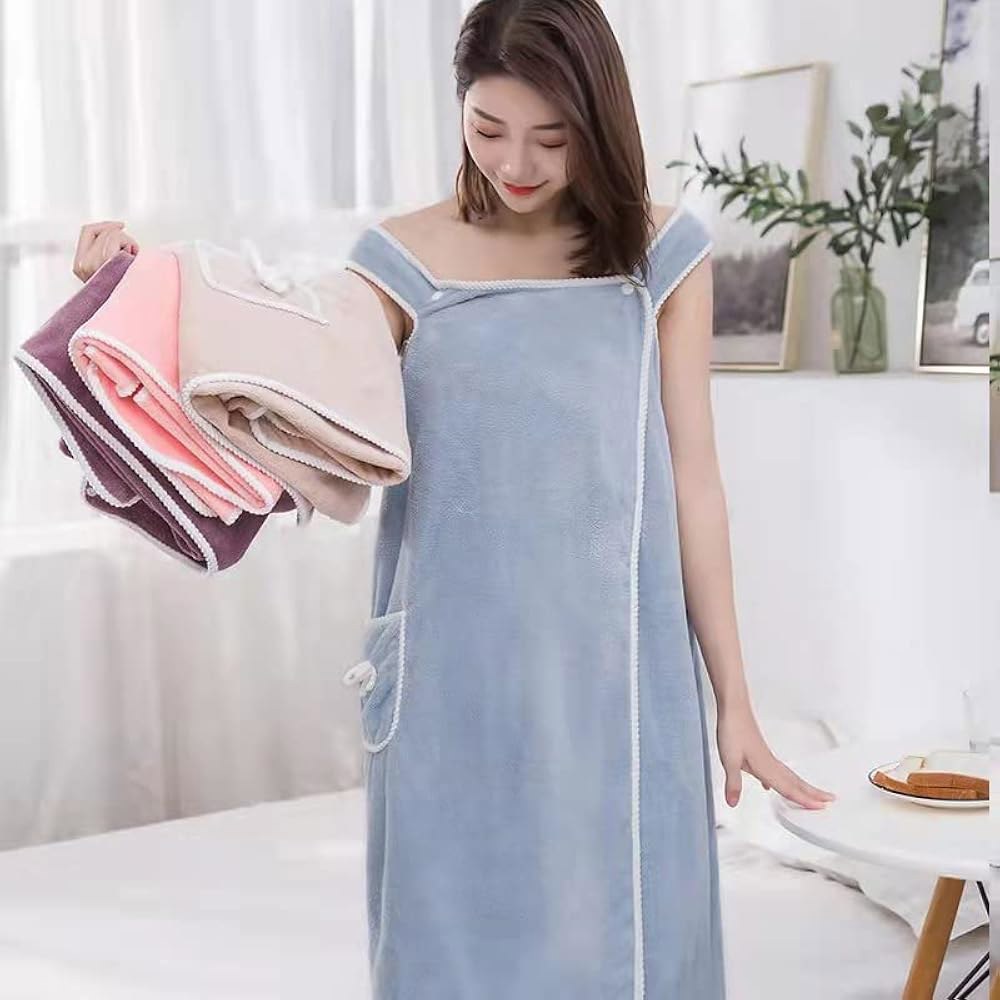 샤워 후 여성용 웨어러블 타월 로브, 스카이 블루, 퀵 드라이, 목욕 및 헬스장용 극세사 타월, 31x53 인치 - 상품 이미지