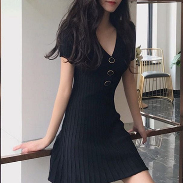 꾸안꾸 여성 브이넥 원피스 데일리 반팔 원피스 캐주얼 여름 - 상품 이미지